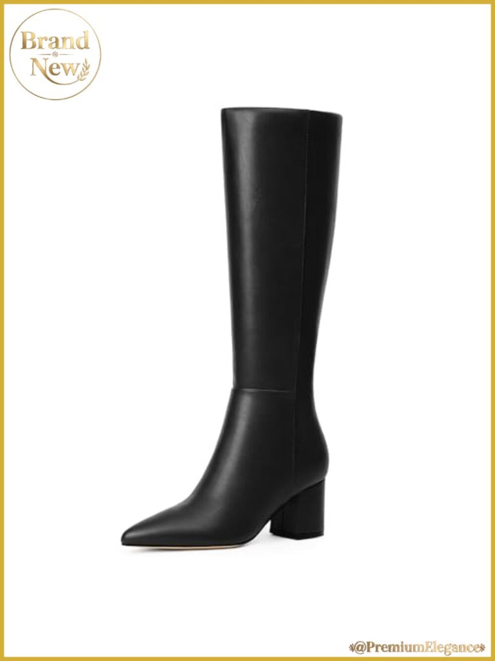 Knee High Boots Pointed Toe Low Block Heel Faux PU Leather Tall Boots